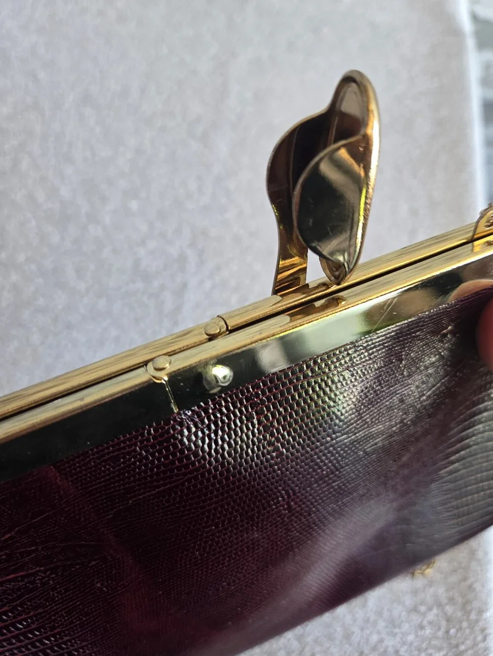 Vintage 1960s Burgundy Faux Lizard Clutch Gold Frame Chain Strap Evening Bag